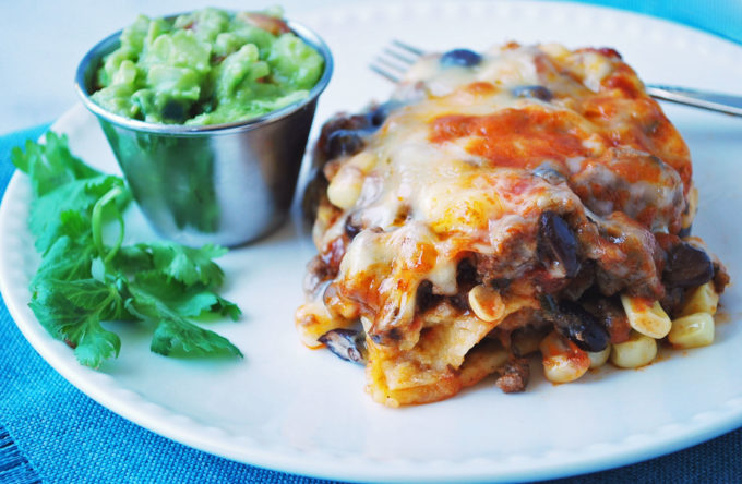 Slice of easy and healthier beef Mexican casserole 