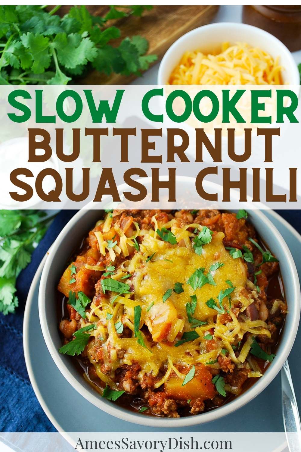 Warm-up with a bowl of healthy and hearty Slow Cooker Butternut Squash Chili. Naturally sweet and creamy butternut squash, ground beef, and various beans cooked low and slow to make a delicious chili-style stew. via @Ameessavorydish