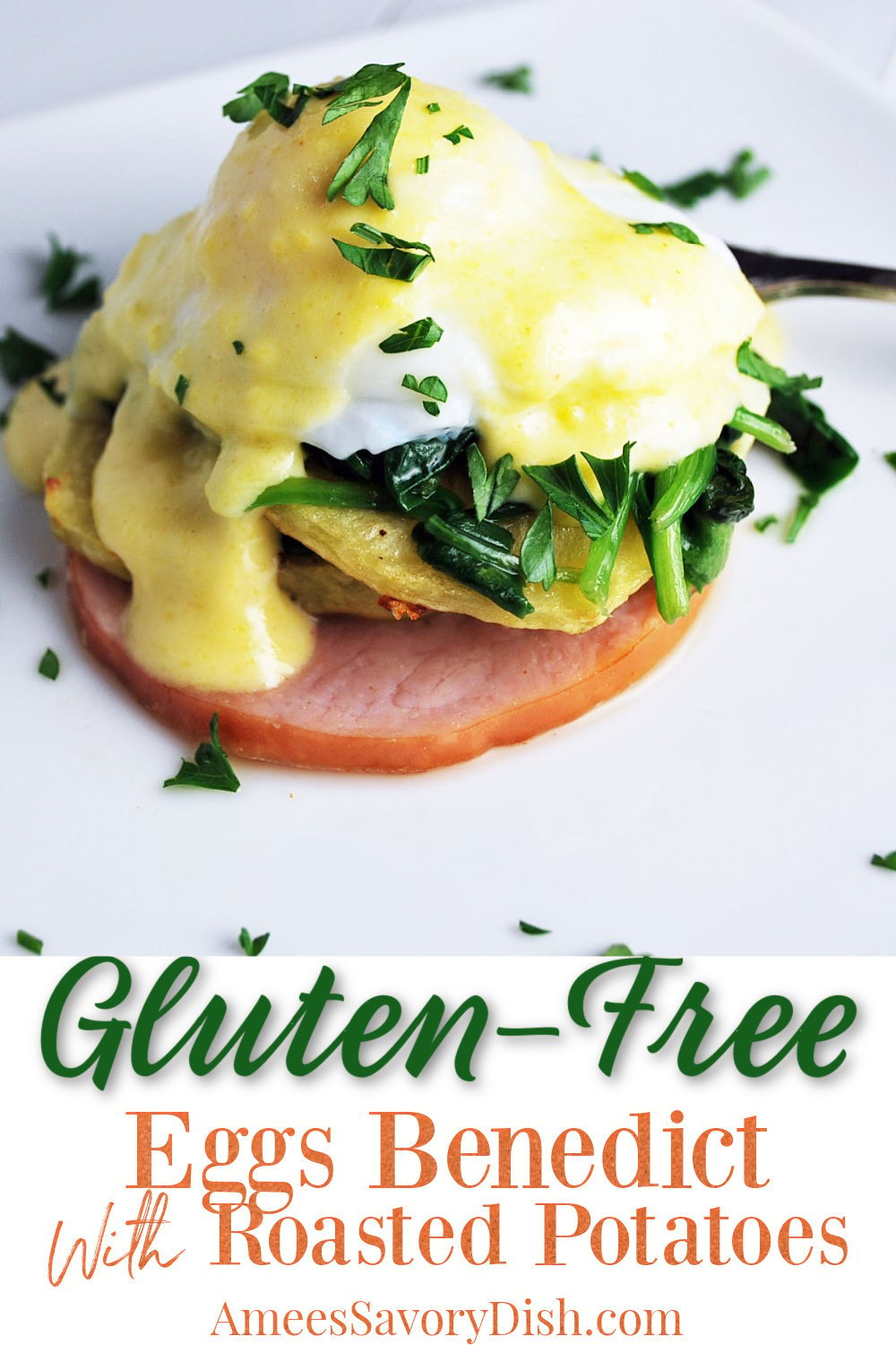 A delicious whole-food recipe for gluten-free eggs benedict made with thinly sliced potatoes, Canadian bacon, spinach, poached eggs, and hollandaise sauce.  #eggsbenedict #glutenfree #glutenfreerecipes #breakfastrecipe via @Ameessavorydish