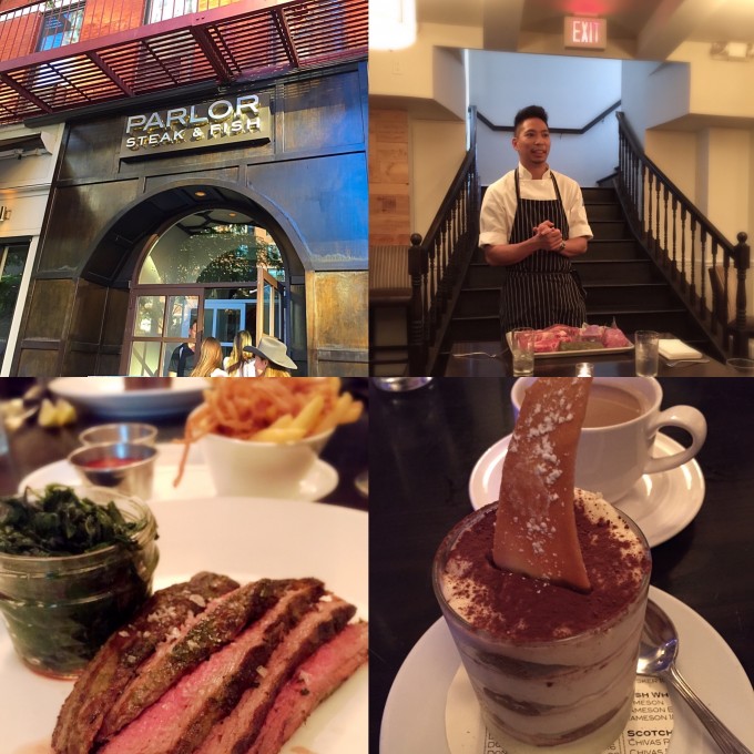 A collage photo of food and a chef speaking at Parlor Steakhouse in NYC