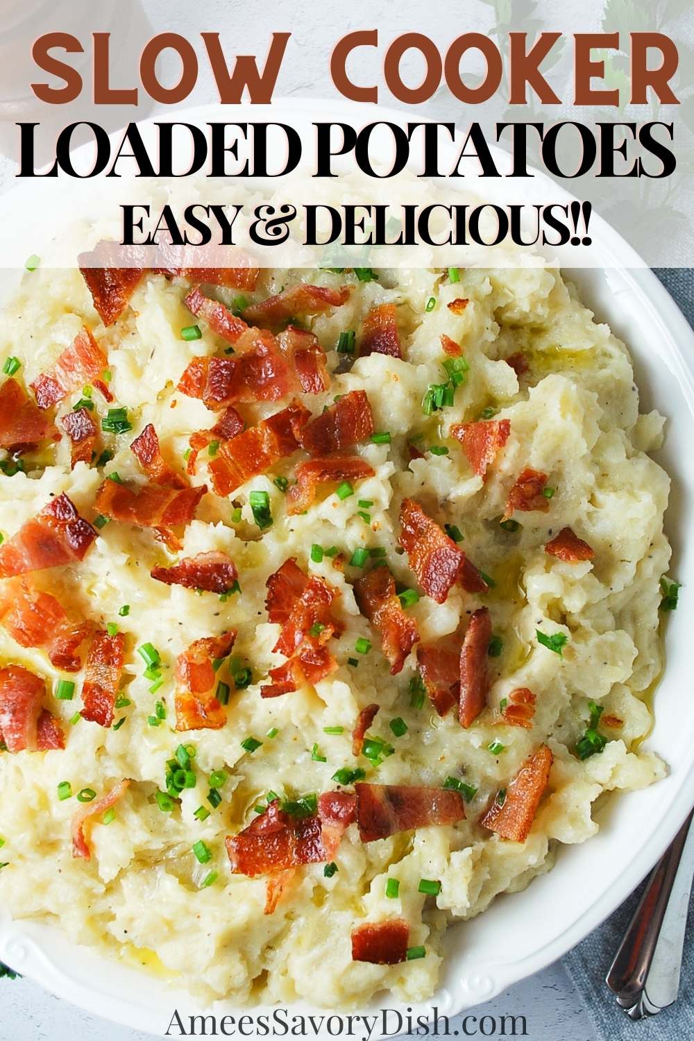 This AMAZING Slow Cooker Loaded Potatoes recipe takes classic loaded baked potato toppings and mixes them with delicious slower cooker mashed potatoes -an effortless side dish LOADED with flavor. via @Ameessavorydish