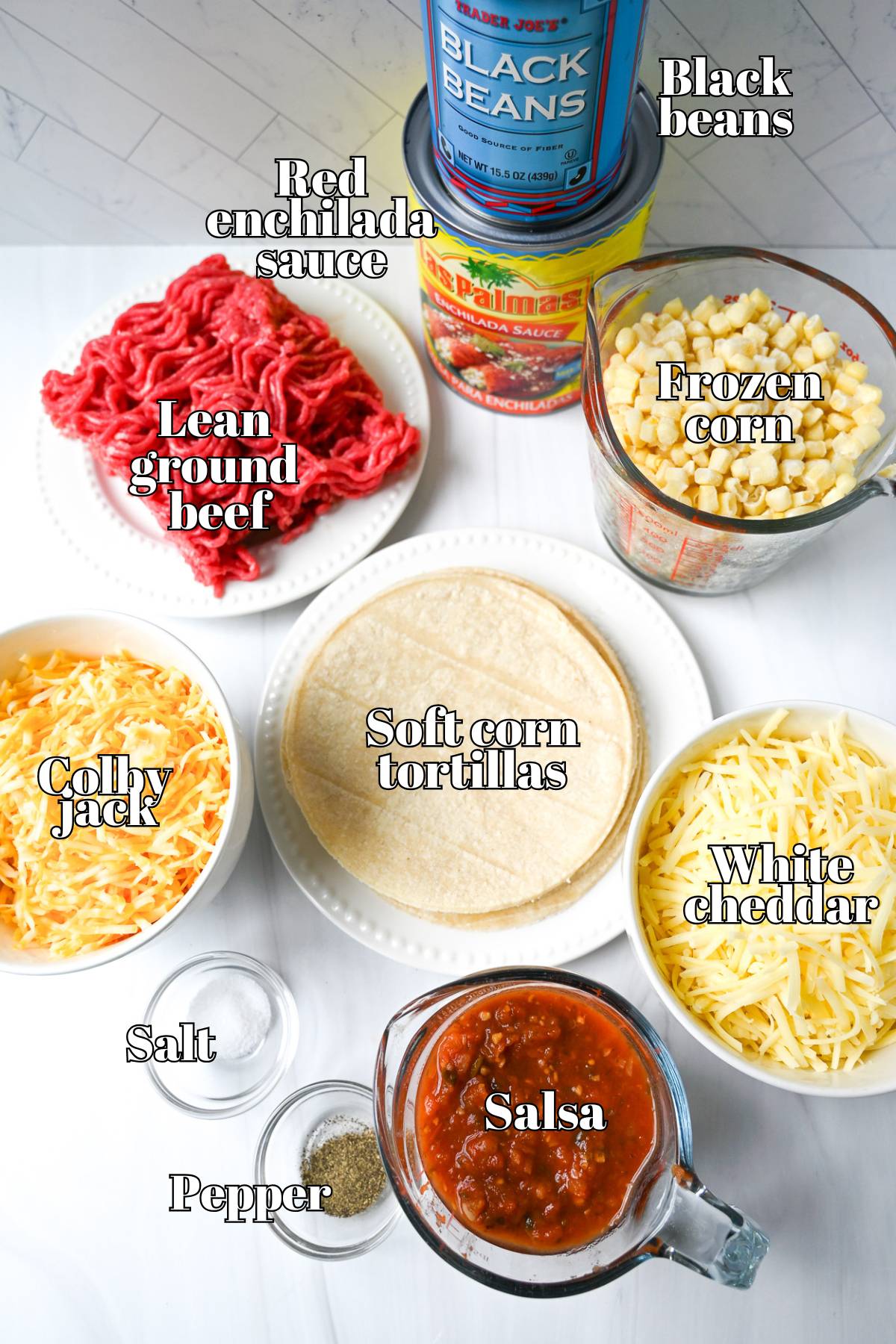 ingredients for mexican ground beef casserole measured out on a counter