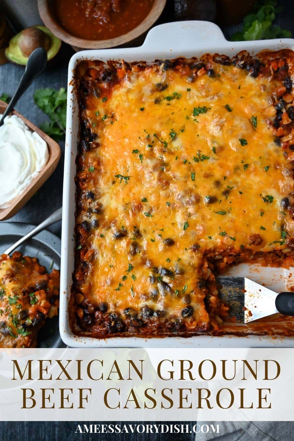 A delicious Mexican casserole made with whole grain corn tortillas, black beans, lean ground beef, and a blend of cheeses. 30 grams of protein per serving! via @Ameessavorydish