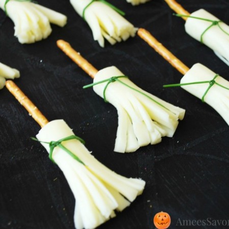 Witches brooms made with pretzels for a healthy Halloween snack