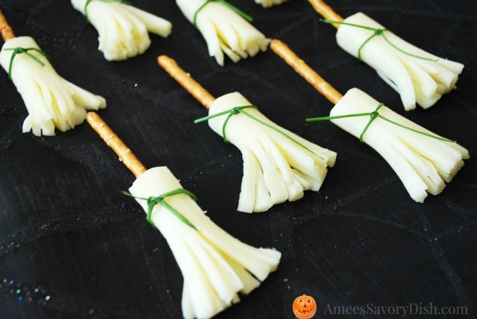 Cheesy Witches Pretzel Broomsticks for Halloween