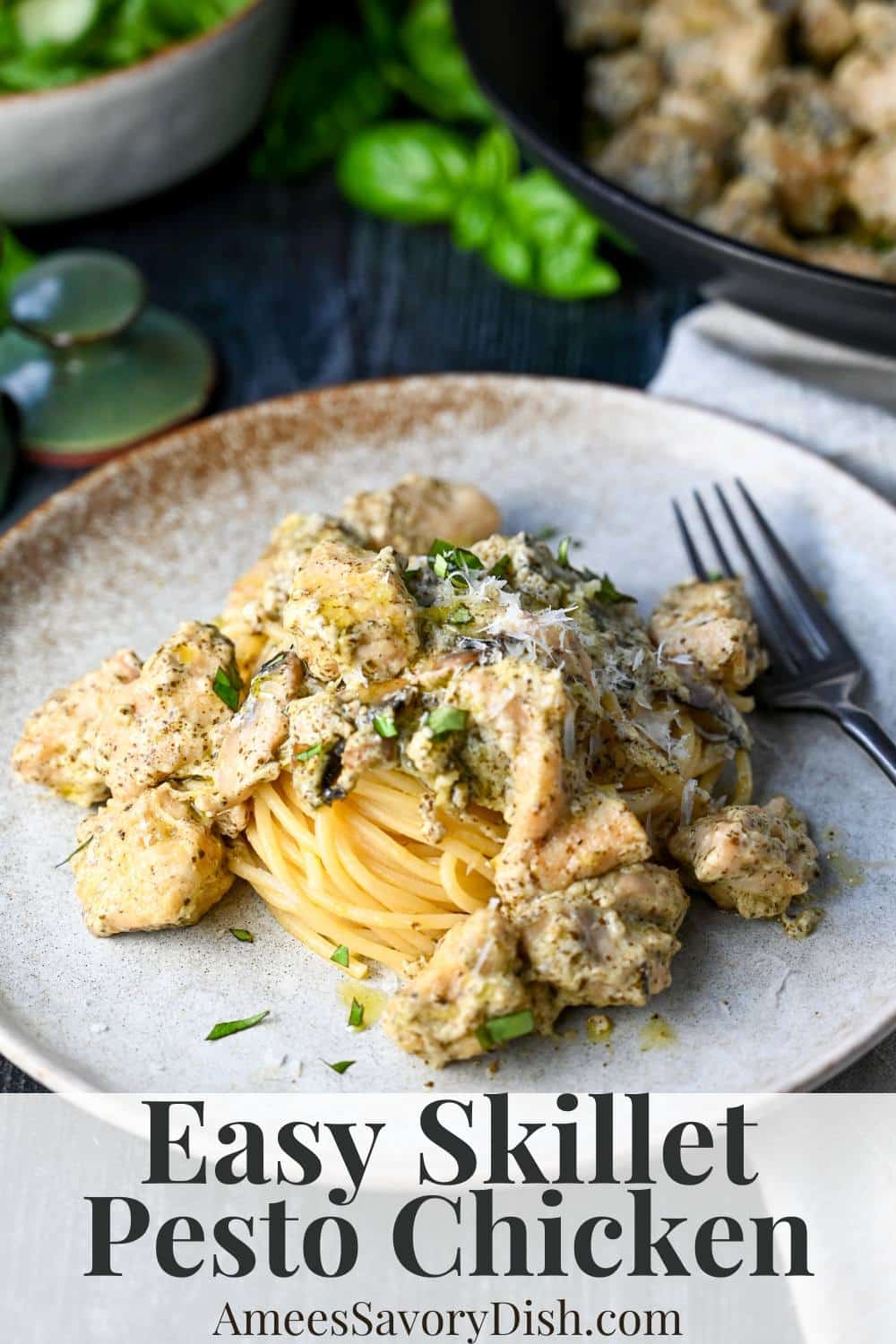 Simplify dinnertime with this delicious Pesto Chicken Skillet Recipe featuring boneless chicken breasts, mushrooms, creamy pesto sauce, and Parmesan cheese. via @Ameessavorydish