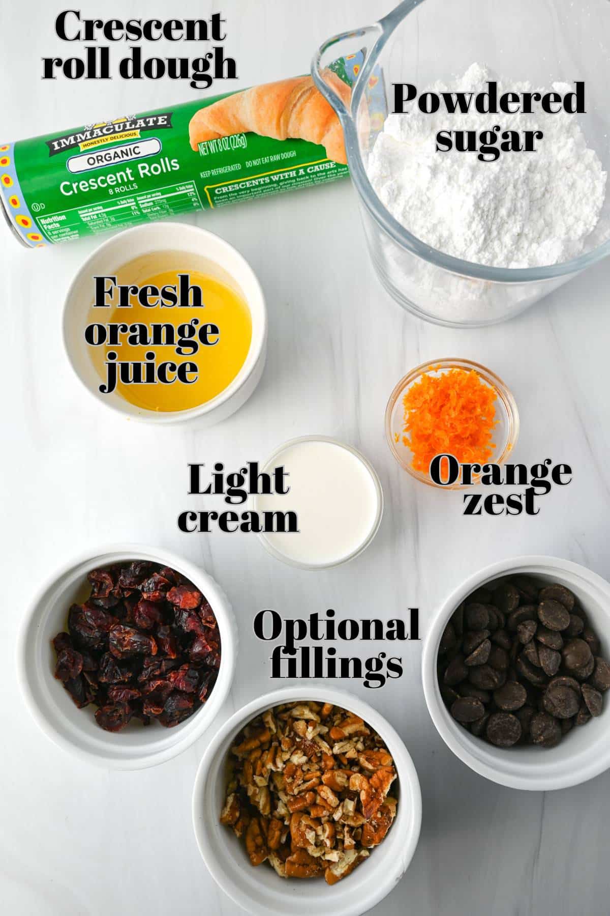 ingredients for easy glazed croissants measured out on a counter