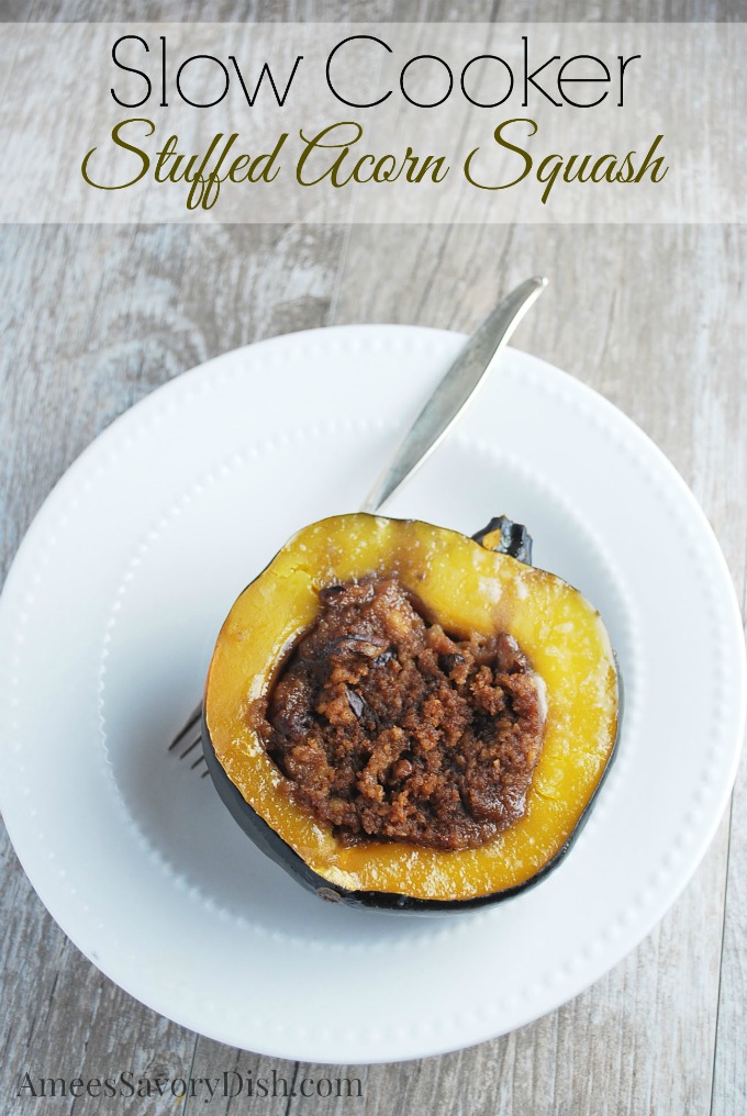 Overhead photo of stuffed acorn squash with a fork 