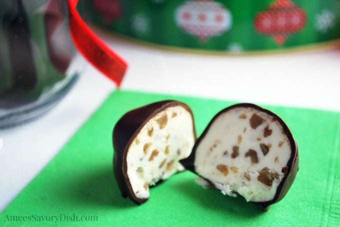 Close up of a bourbon ball sliced in half