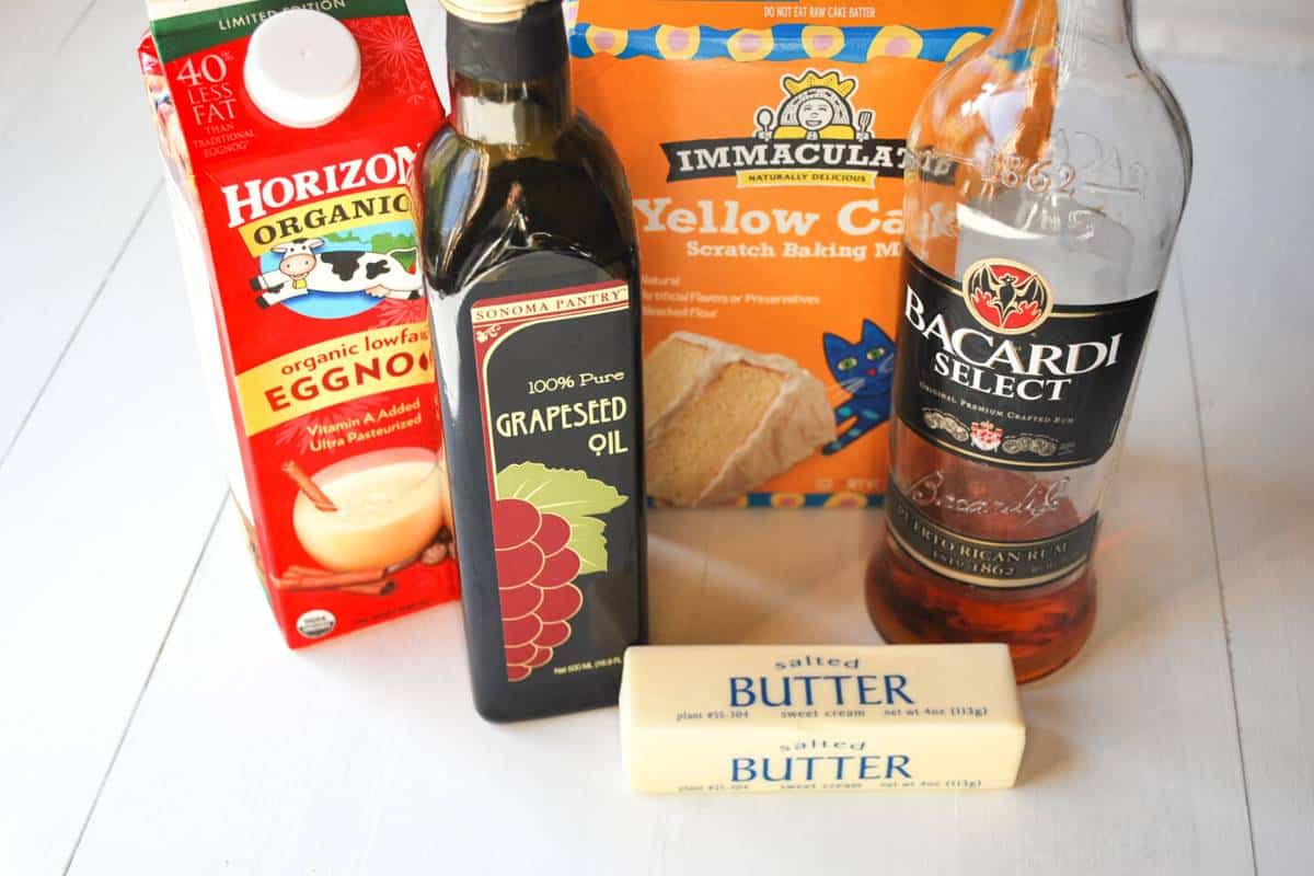 ingredients for egg nog cupcakes on a counter