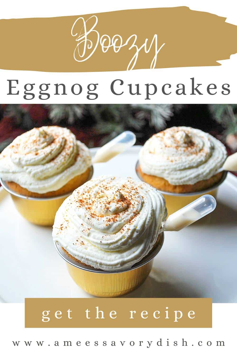 These boozy eggnog cupcakes will be the hit of your holiday spread made with cake mix, egg nog, butter, eggs, & rum topped with rum-infused whipped cream. {Alcohol-free version included} via @Ameessavorydish