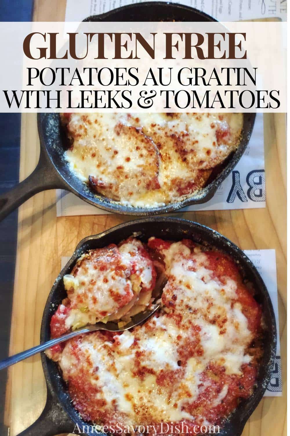 A mouthwatering recipe for gluten-free Potatoes Au Gratin made with Yukon gold potatoes, fresh herbs, butter, cream, leeks, tomatoes, and Parmigiano-Reggiano cheese created by Chef Hugh Acheson. via @Ameessavorydish