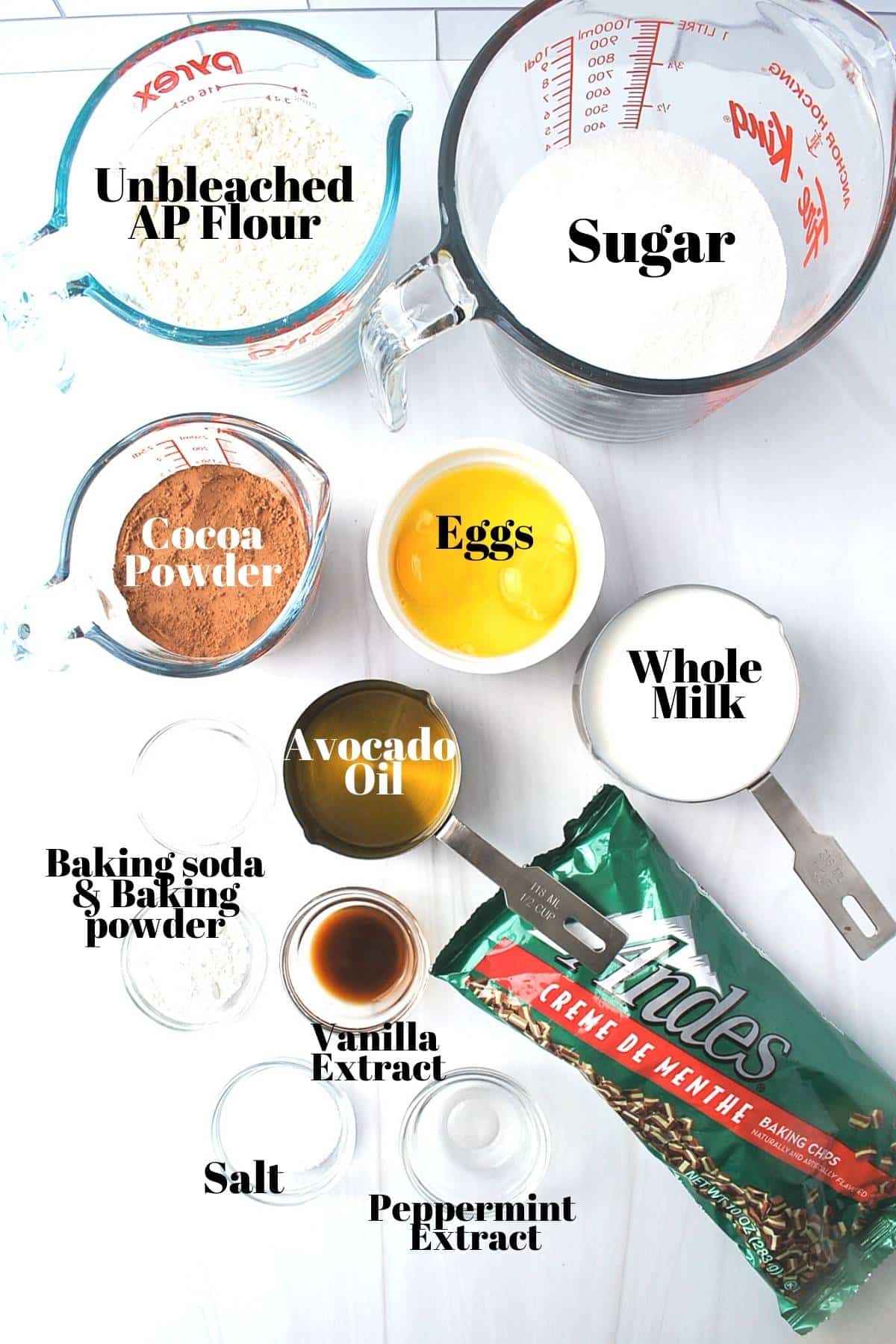 ingredients to make mint chocolate cupcakes measured out on a counter