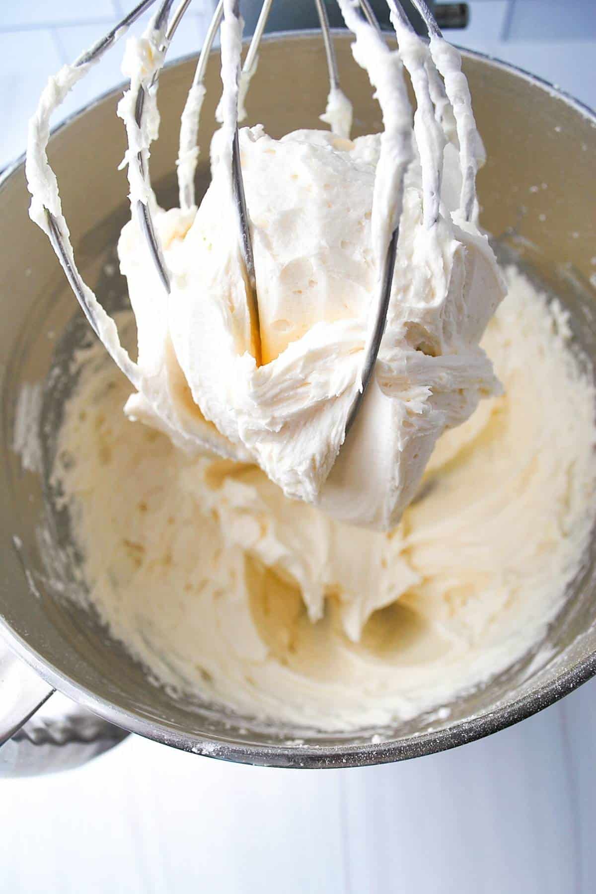 mint buttercream frosting in a stand mixer