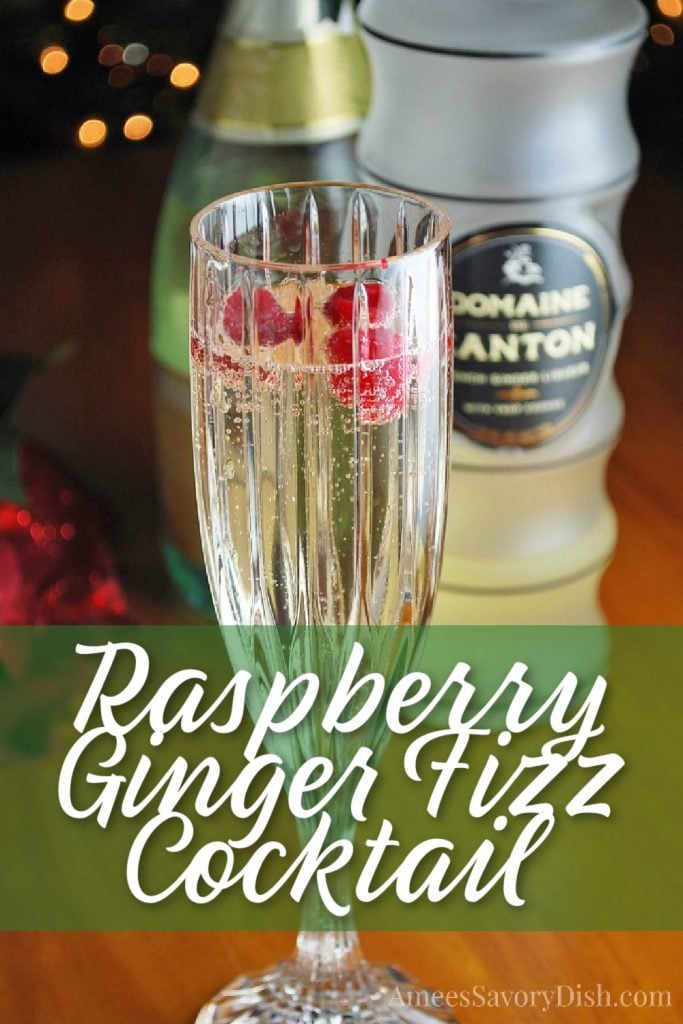 champagne glass containing a raspberry ginger fizz cocktail with bottles in background