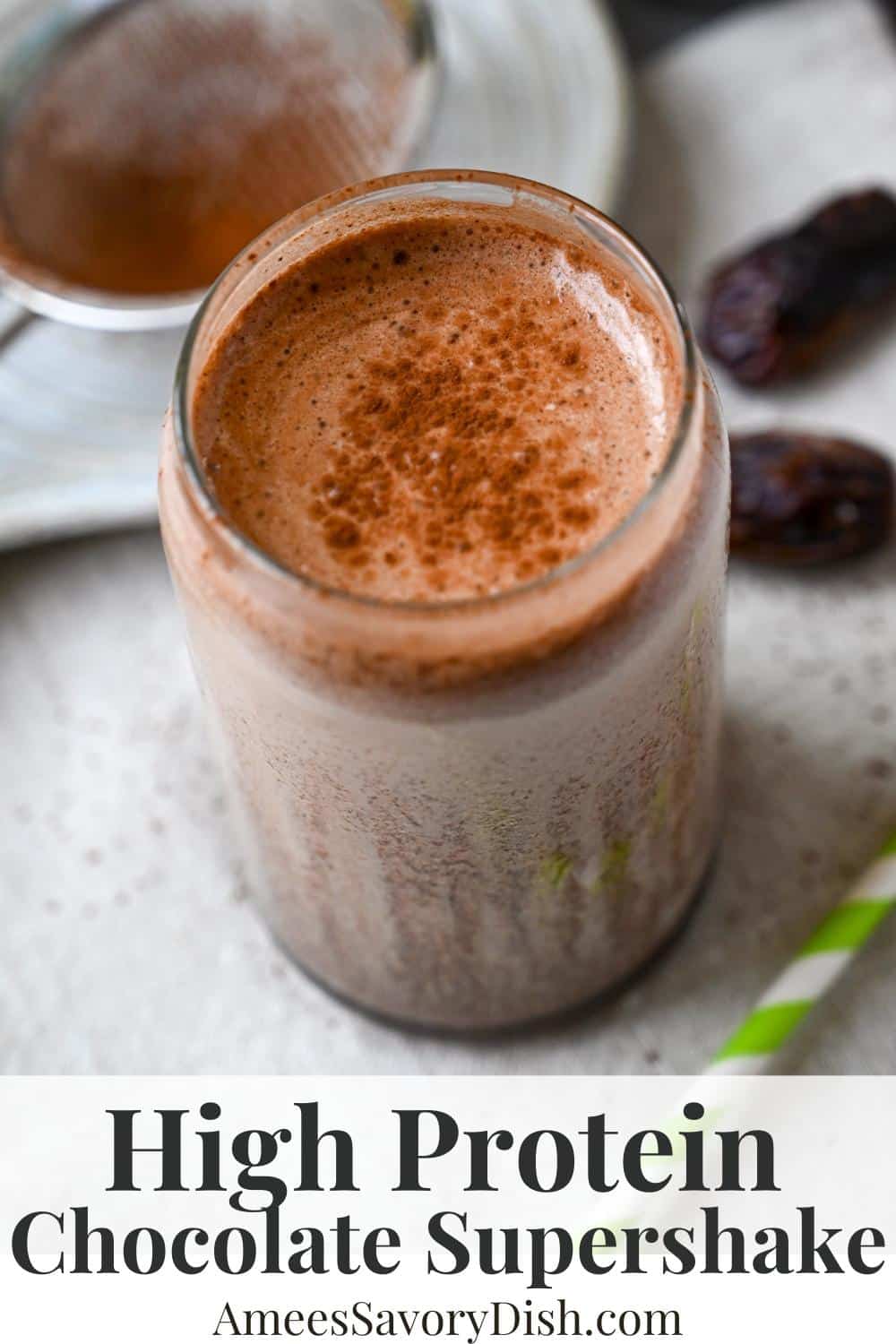 Made with whey protein, almond milk, Medjool dates, baby spinach, almonds, and cocoa powder, it’s a satisfying meal in a glass with 30 grams of protein. via @Ameessavorydish