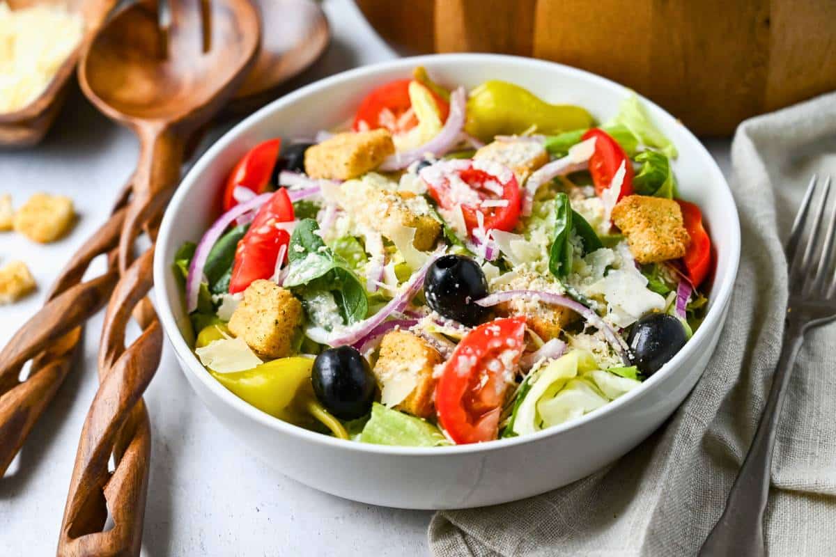 side view of a served bowl of olive garden salad with a healthy twist