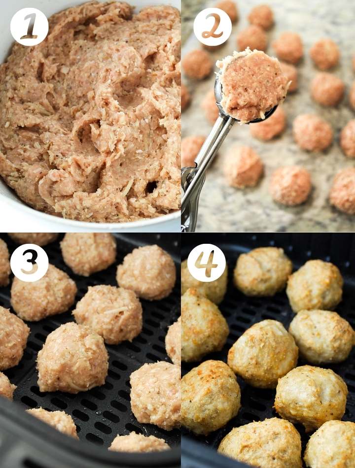 step by step photo for making chicken meatballs for the air fryer: mixing meatballs, scooping meatballs, in air fryer basket, cooked in air fryer basket