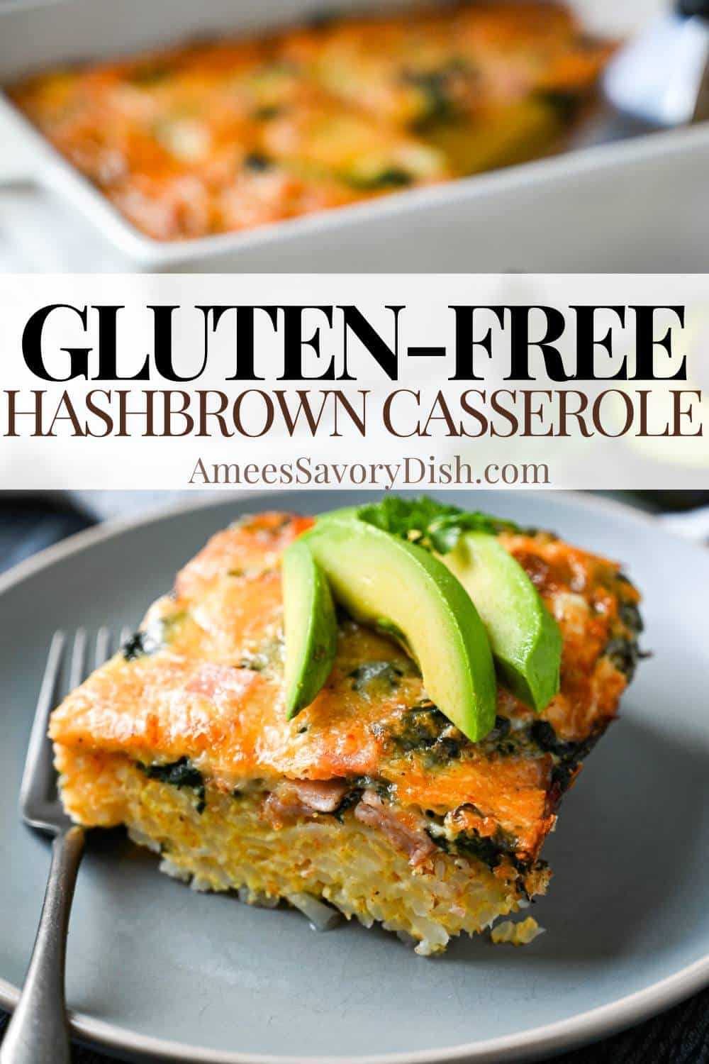 This gluten-free hash brown casserole recipe uses a combination of eggs, Canadian bacon, spinach, and cheese. Easy, filling, and delicious! via @Ameessavorydish