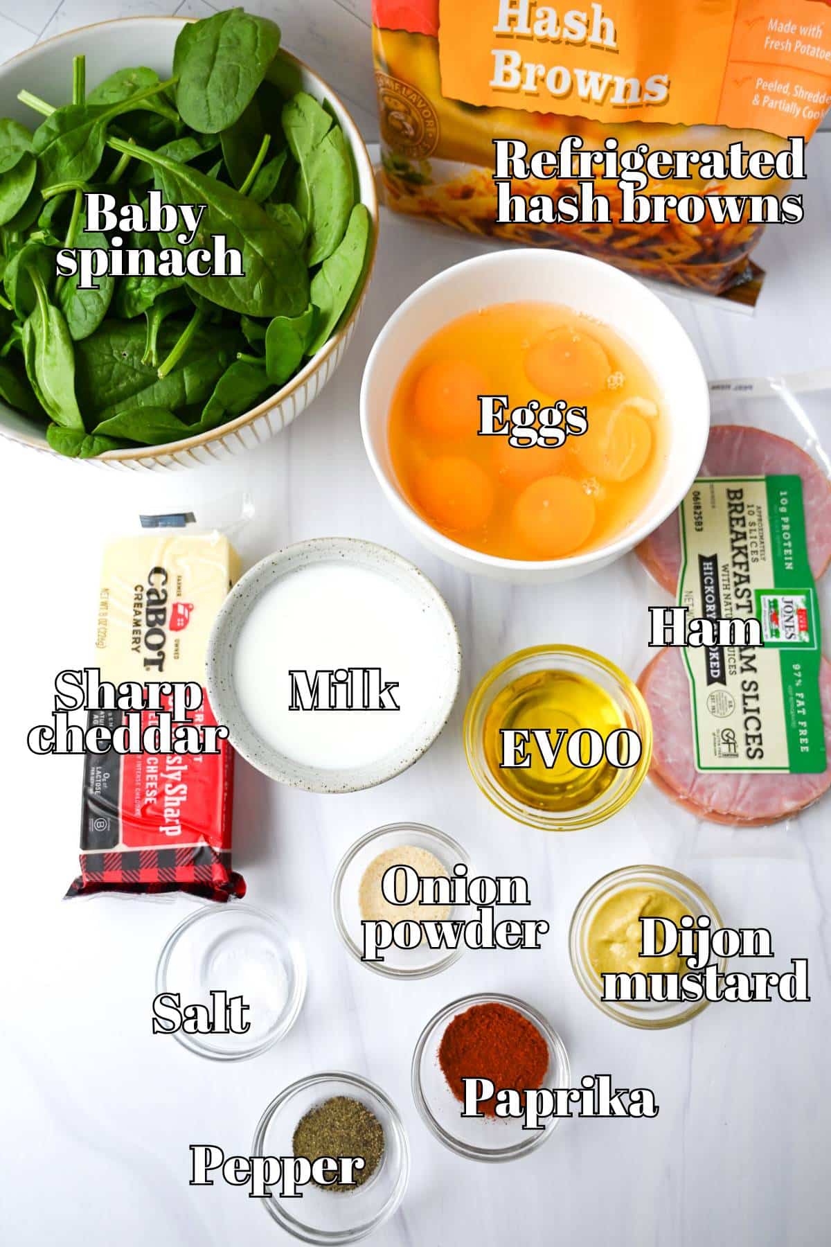 ingredients for hashbrown crust quiche measured out on a counter