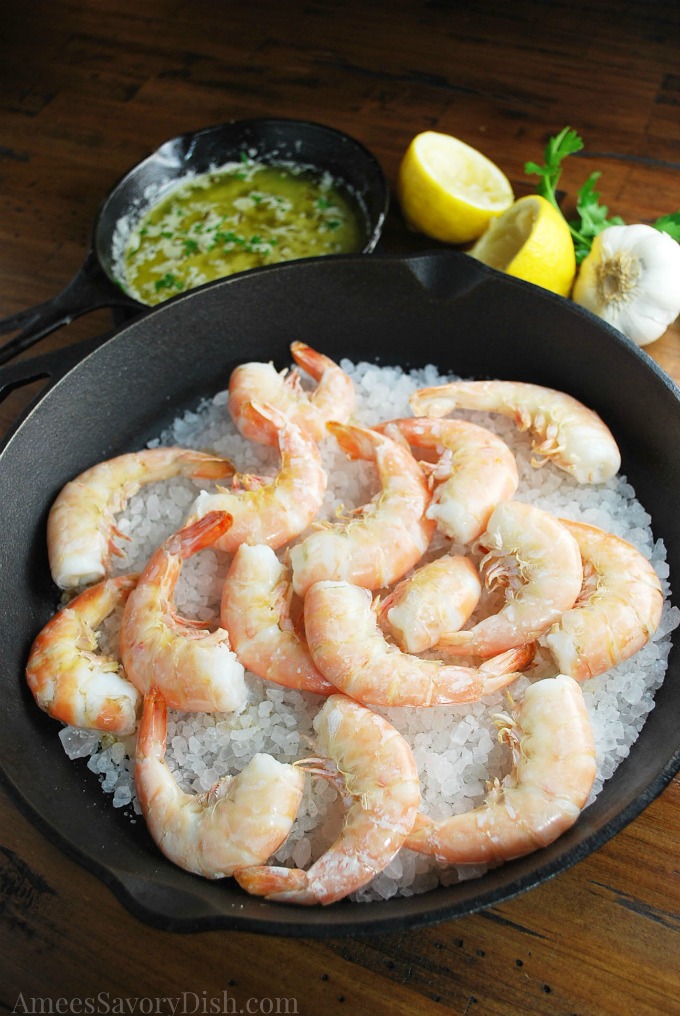 Salt Roasted Shrimp in a skillet