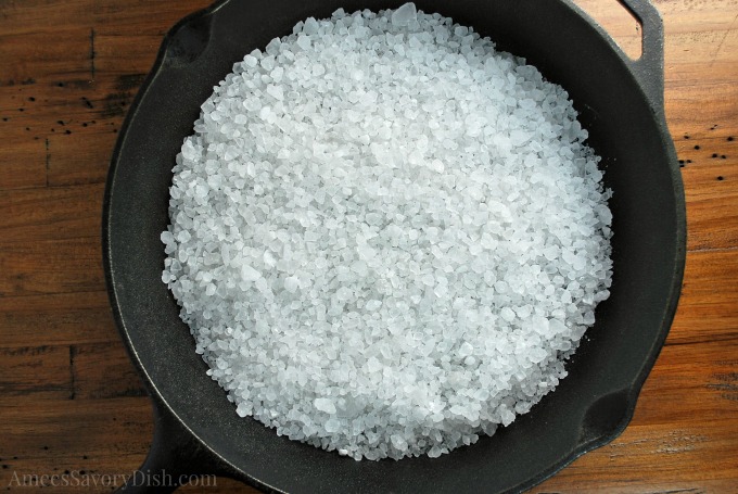 rock salt in a cast-iron skillet 