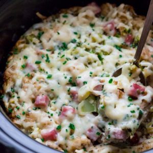 A close up of ham bread pudding in a slow cooker