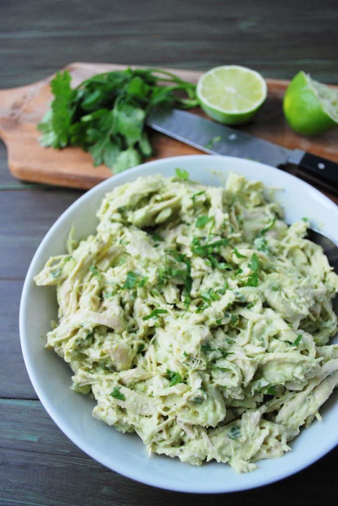 Guacamole meets chicken in this mouthwatering avocado chicken salad. This twist on chicken salad is made with fresh cilantro, lime, avocados, and sour cream. #chickensalad #avocadochickensalad #chickenrecipe #avocadorecipe via @Ameessavorydish