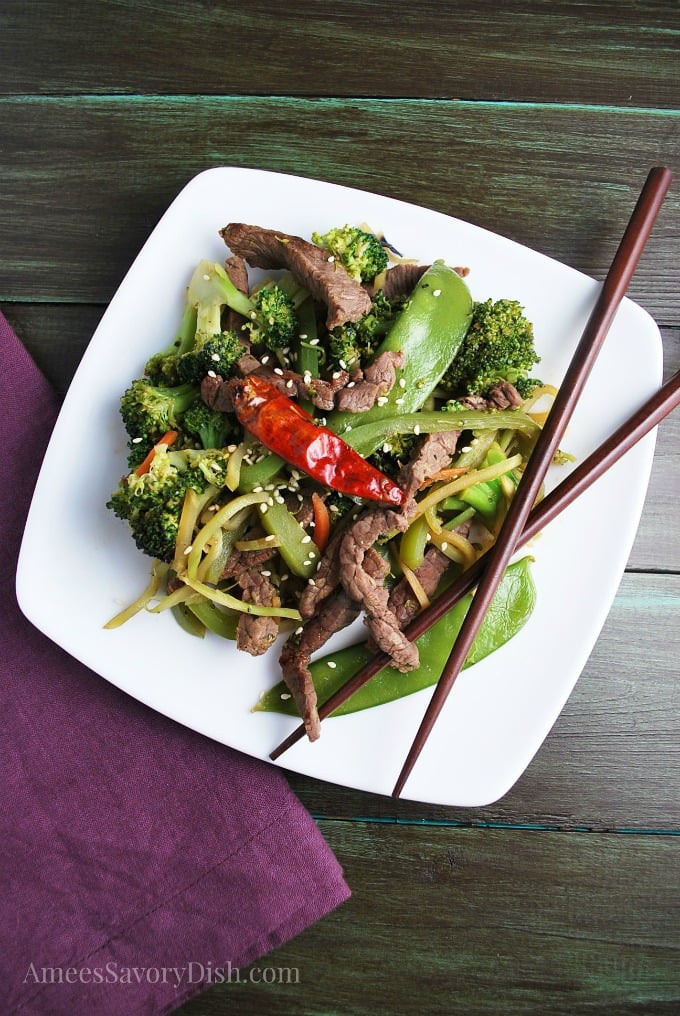 Beef Stir-Fry on a plate with chopsticks