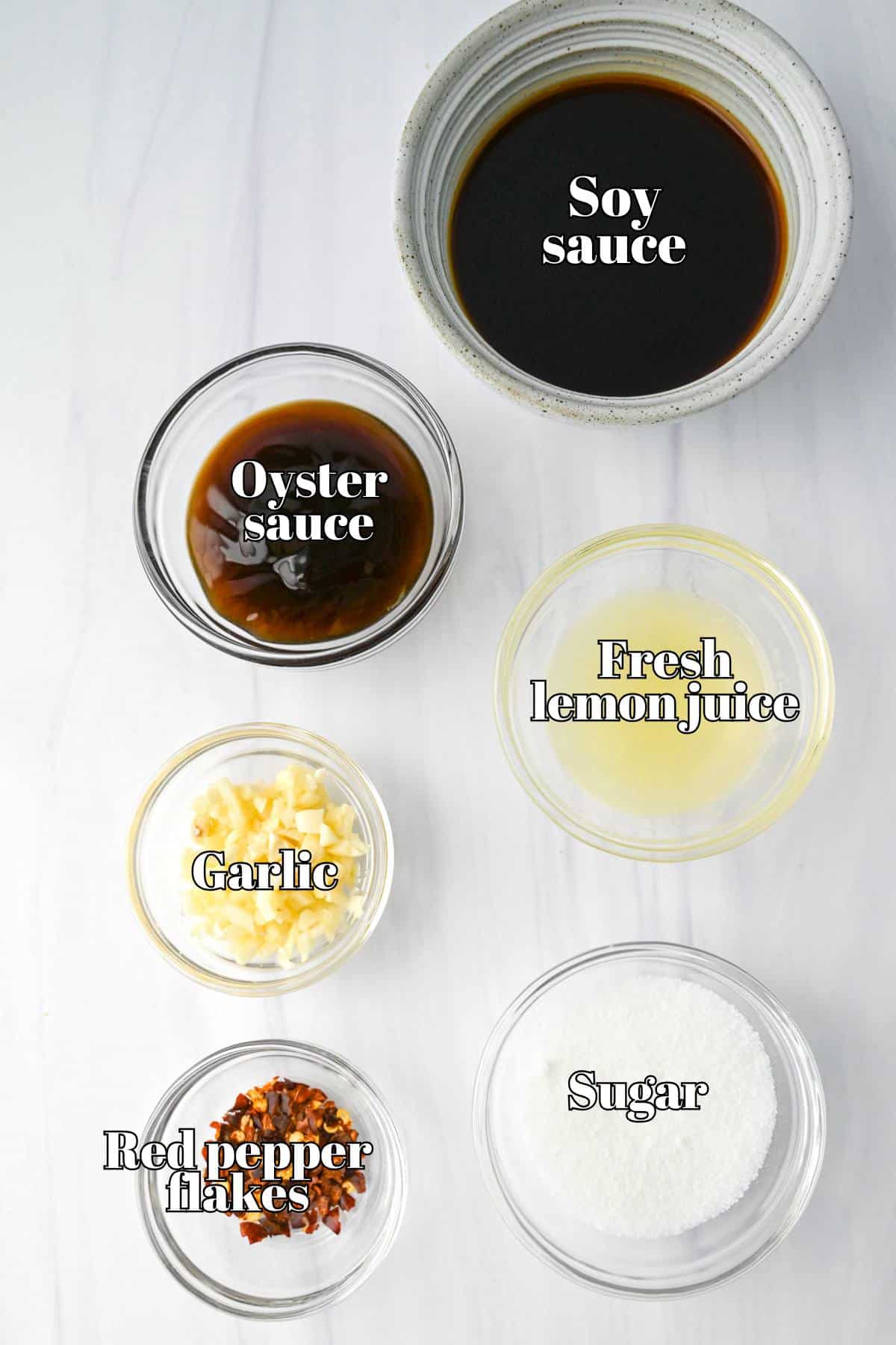 stir fry sauce ingredients measured out on a counter
