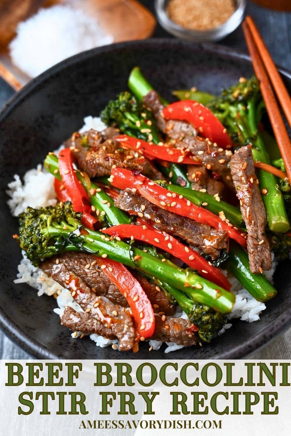 This flavorful 30-minute Beef and Broccolini Stir Fry is a fresh take on a takeout classic! Gluten-free, Paleo, and Whole30 modifications included with over 30 grams of protein per serving. via @Ameessavorydish