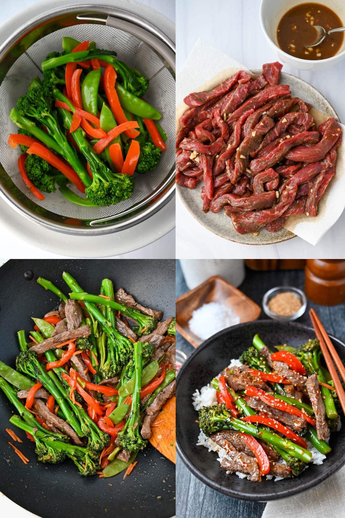 collage of drained steamed vegetables, marinated beef and finished stir fry