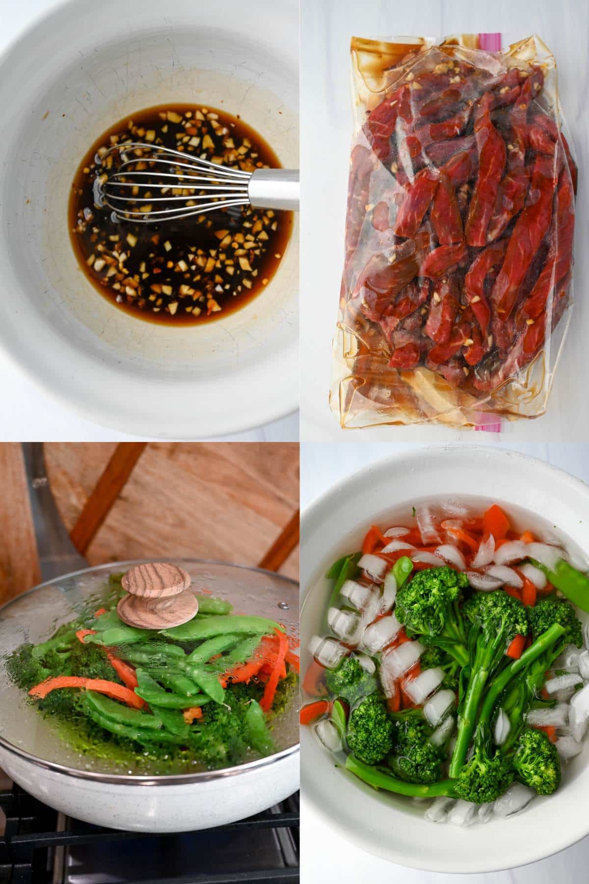 collage of mixing stir fry sauce, marinating beef and steaming vegetables