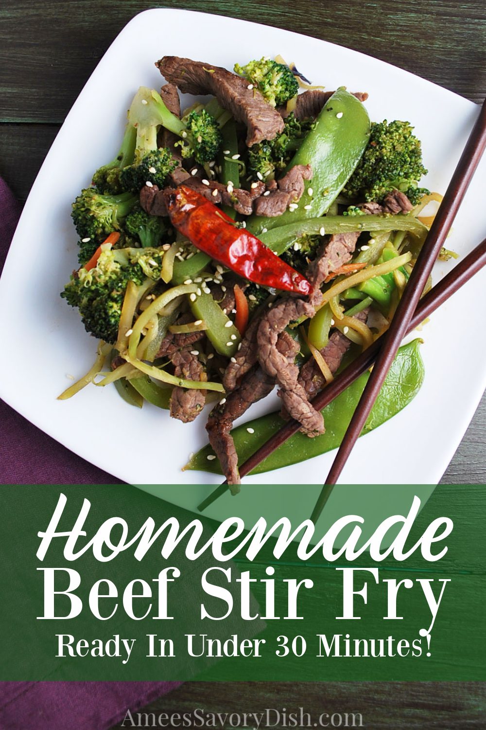 An easy and flavorful recipe for beef stir fry made with top sirloin beef, broccoli, snow peas, bell peppers, and carrots and on the table in under 30 minutes. #stirfry #beefstirfry #beefrecipe #topsirloinbeef #stirfryvegetables via @Ameessavorydish