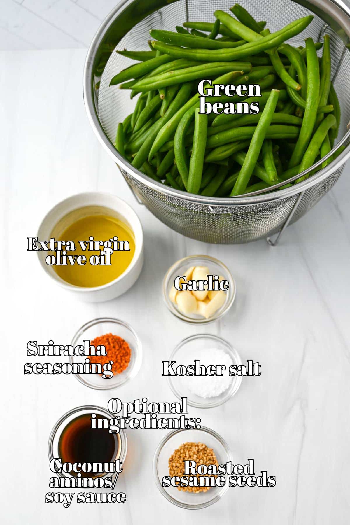 ingredients for roasted green beans with garlic measured out on a counter