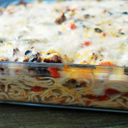 pan of freshly baked spaghetti casserole with beef