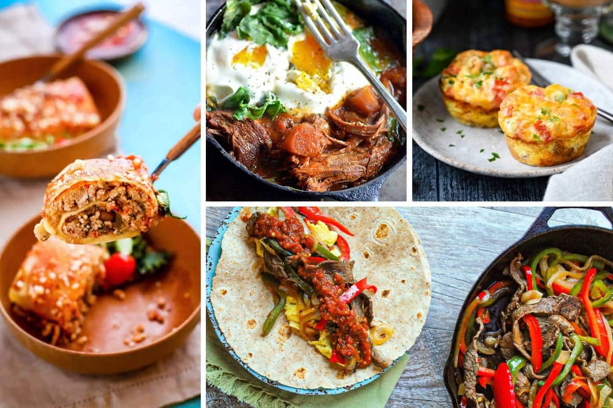 a collage of five breakfast recipes with lean beef