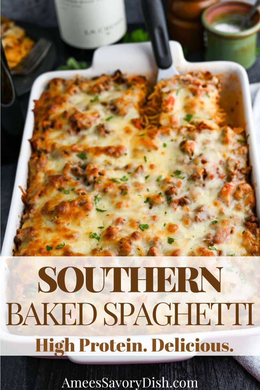This Southern Baked Spaghetti Casserole is a crowd-pleasing, high-protein pasta bake. Perfect for family gatherings, meal prep, and make-ahead freezer meals. via @Ameessavorydish