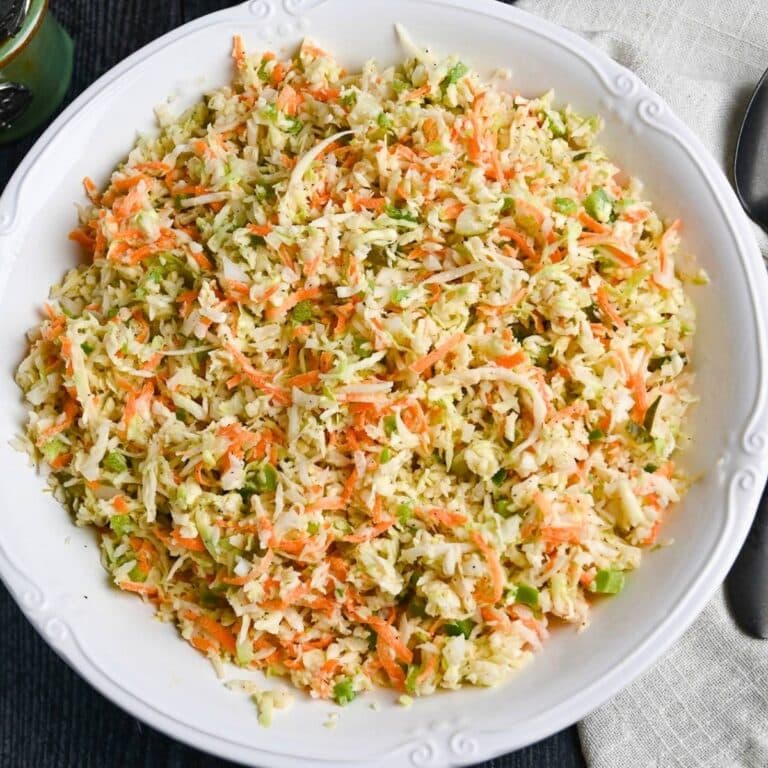 close up of slaw in a white bowl