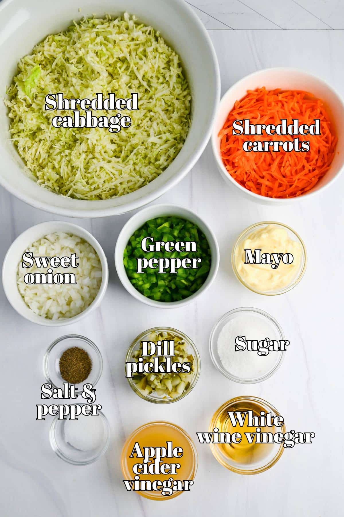 ingredients for southern vinegar coleslaw measured out on a counter