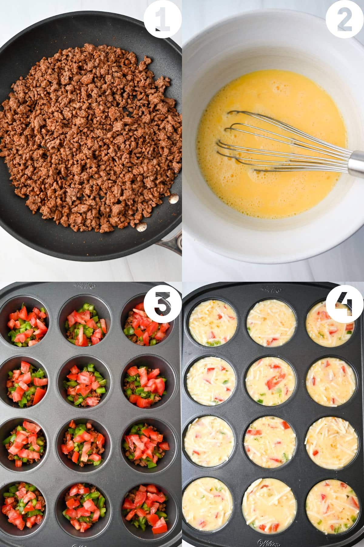 steps for making southwest egg cups, browning meat, whisking eggs, assembled in a muffin tin