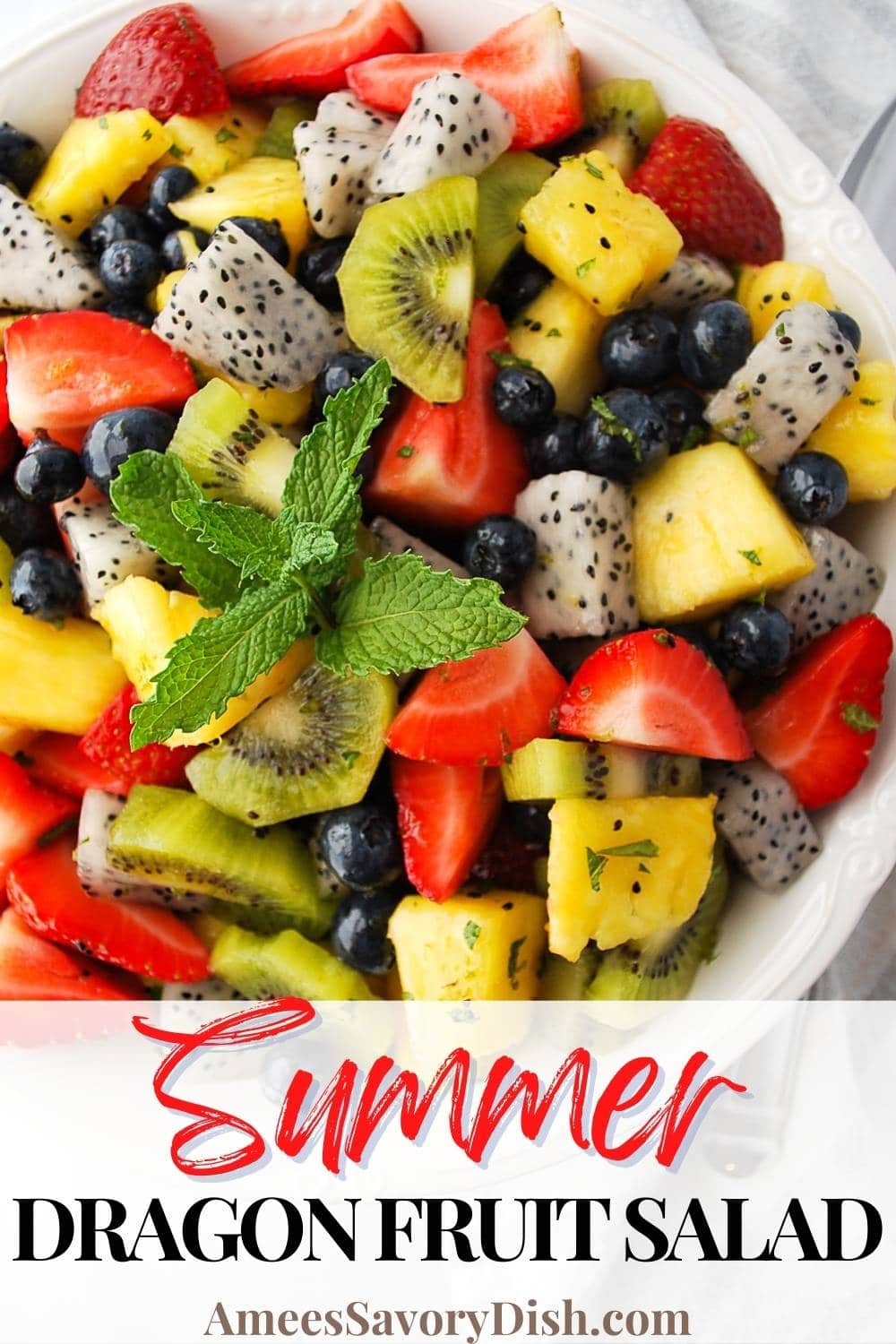 This Dragon Fruit Salad is amazing! Soft and sweet dragon fruit, pineapple, kiwi, and berries are tossed in a simple honey lime dressing. via @Ameessavorydish