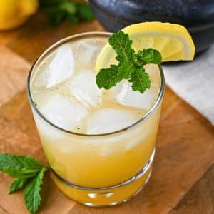 a ginger beer mocktail garnished with a lemon slice and mint with a sprig of mint next to it