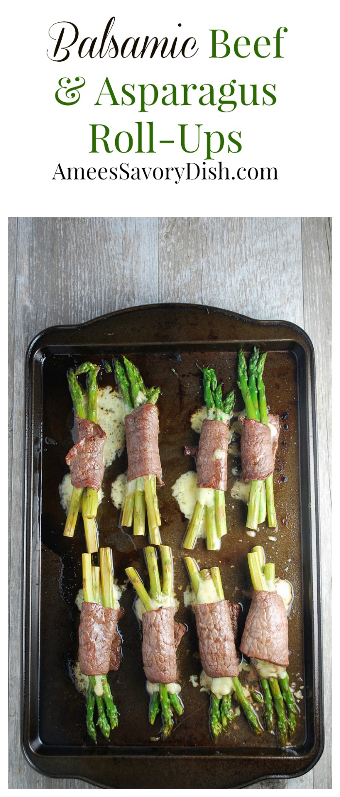 A fast & nutritious recipe for Beef Asparagus Roll-ups made with lean sirloin steak, aged cheddar cheese, asparagus, and aged balsamic vinegar.  You'll have a nutrient-dense meal on the table in less than 20 minutes. #beefrecipe #easybeefrecipe #beefrollups #balsamicbeef via @Ameessavorydish