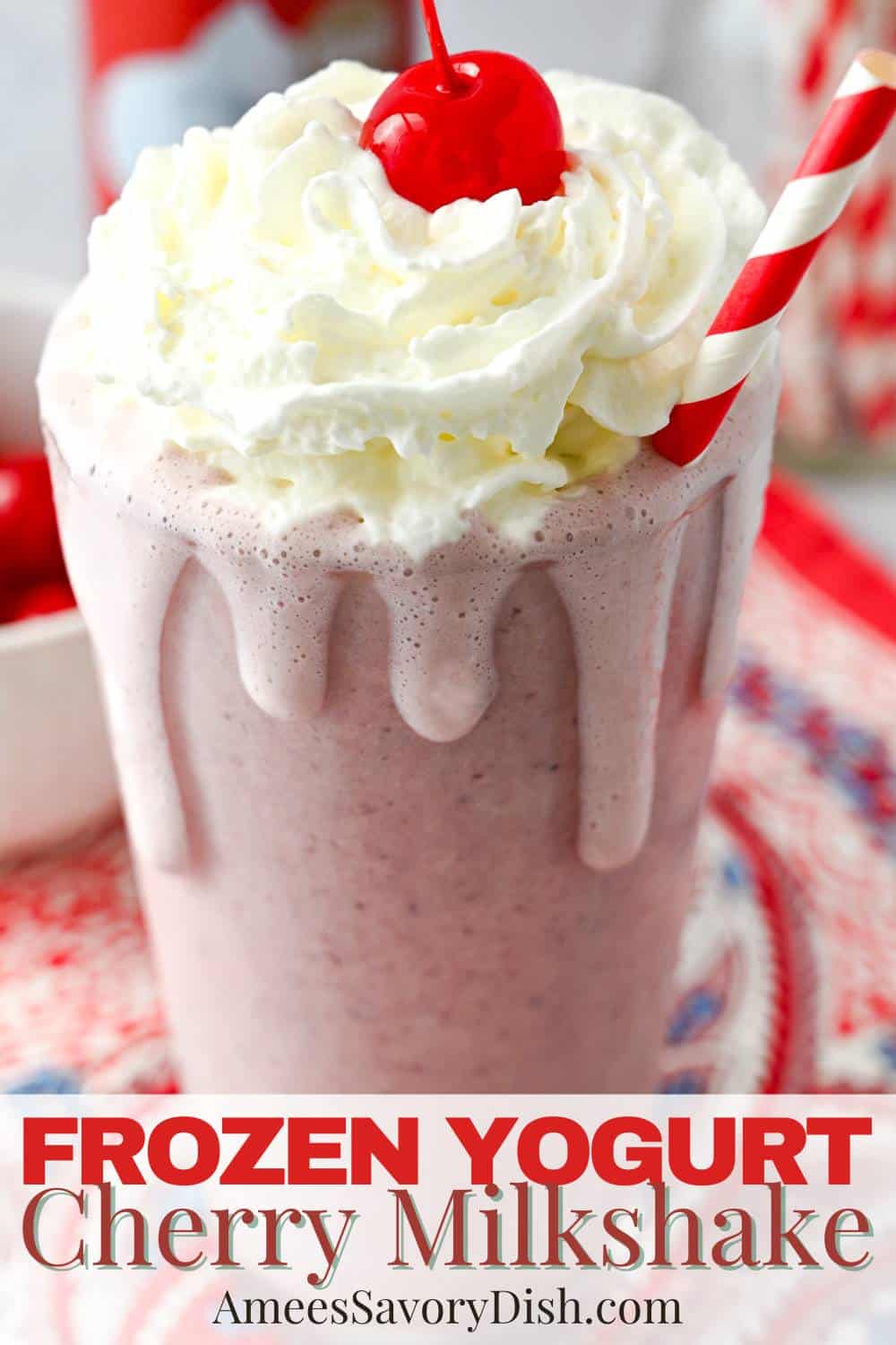 Made with frozen cherries, vanilla frozen yogurt, and milk, this shake is guaranteed to satisfy your craving for something sweet! High protein option included. via @Ameessavorydish