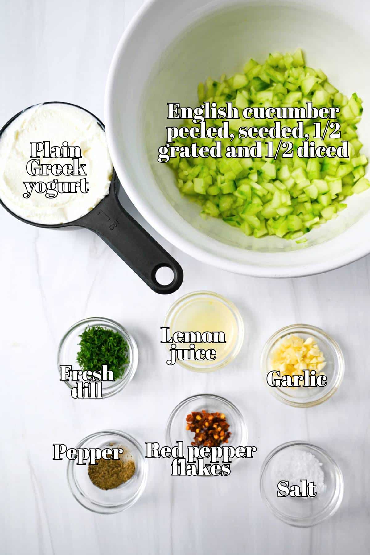 tzatziki sauce ingredients measured out on a counter