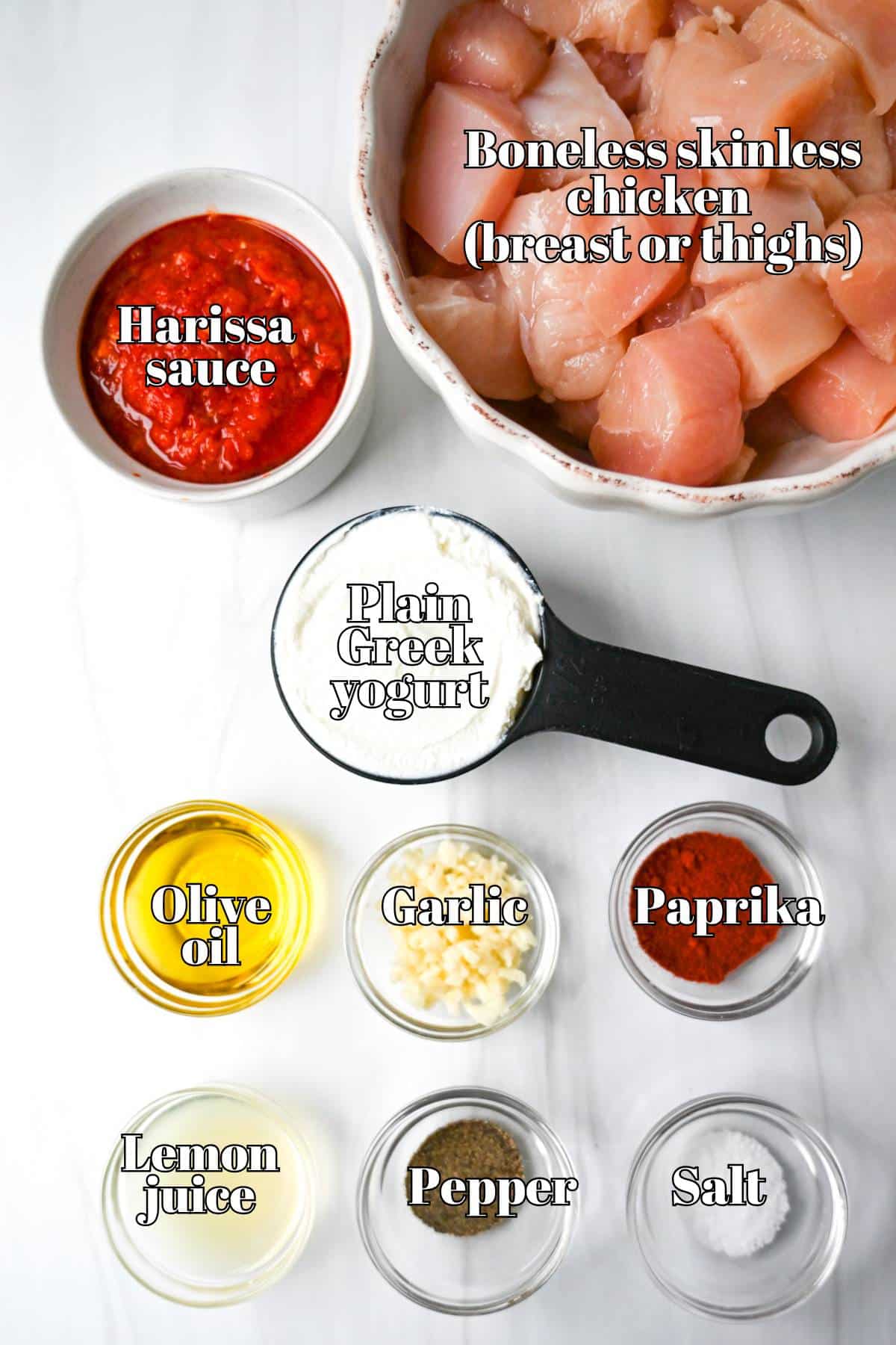 ingredients for harissa skewers on a counter measured out for preparing