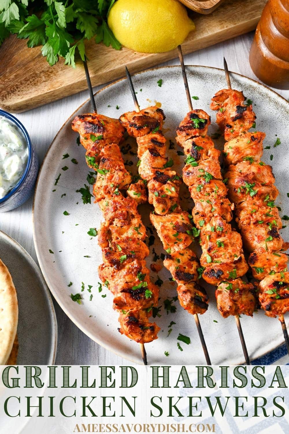 Flavorful harissa-Greek yogurt marinated chicken chargrilled kabob style to tender perfection, paired with a homemade spicy tzatziki sauce.🔥 via @Ameessavorydish