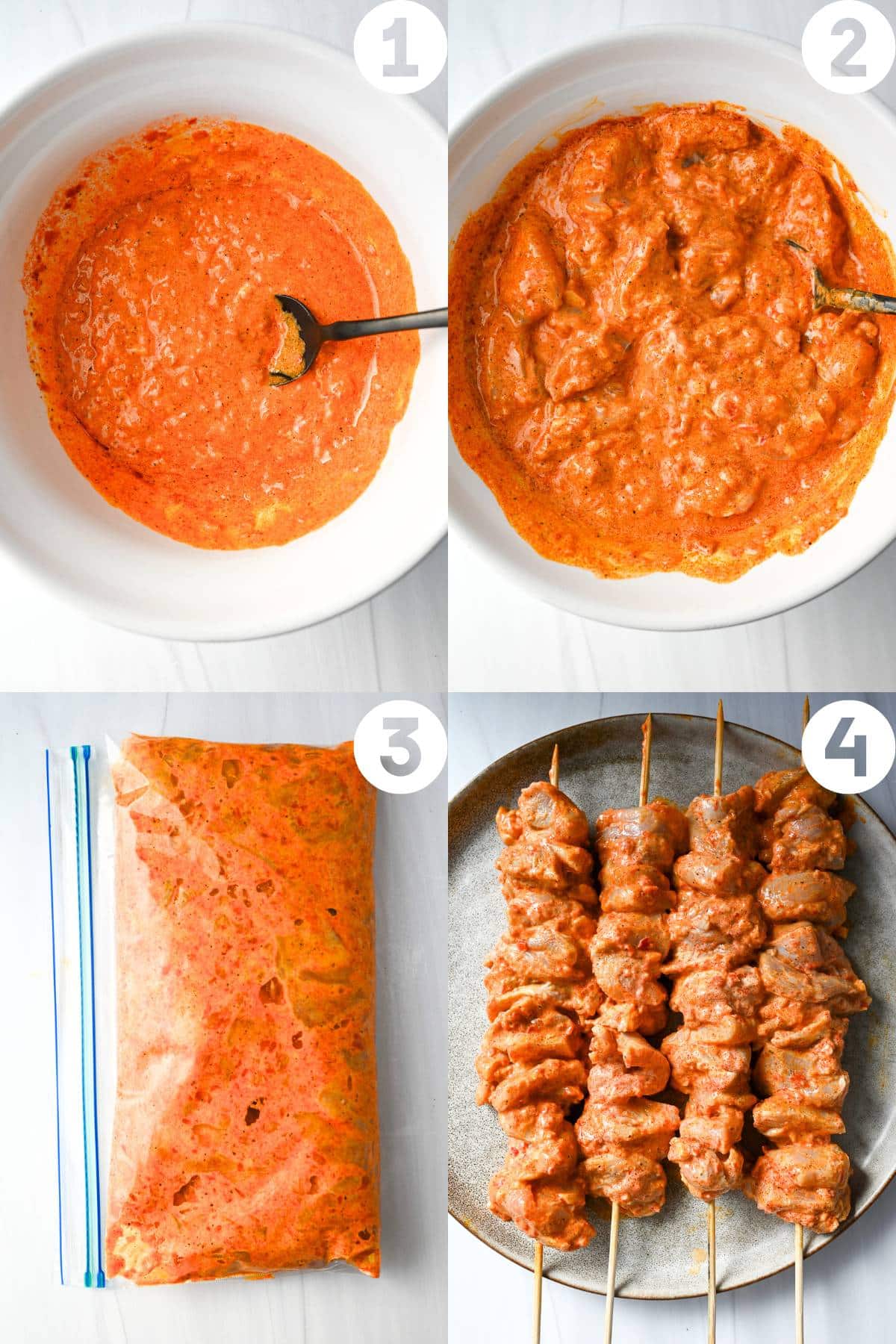 steps for making harissa marinade: mixed in a bowl, tossed with chicken, sealed in a bag, and threaded onto skewers