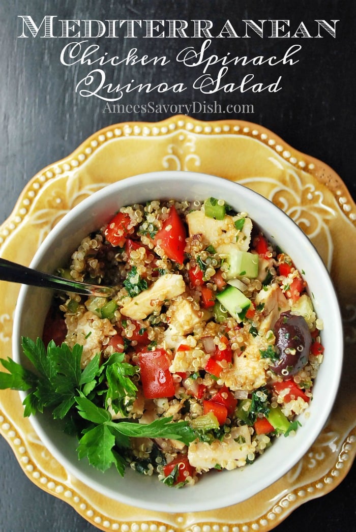 Mediterranean Chicken Spinach Quinoa Salad is a quinoa grain bowl made with sauteed spinach, chicken, vegetables, and feta cheese topped with a balsamic vinaigrette dressing. #grainbowl #chickengrainbowl #quinoabowl #chickenrecipe #glutenfreedinners via @Ameessavorydish